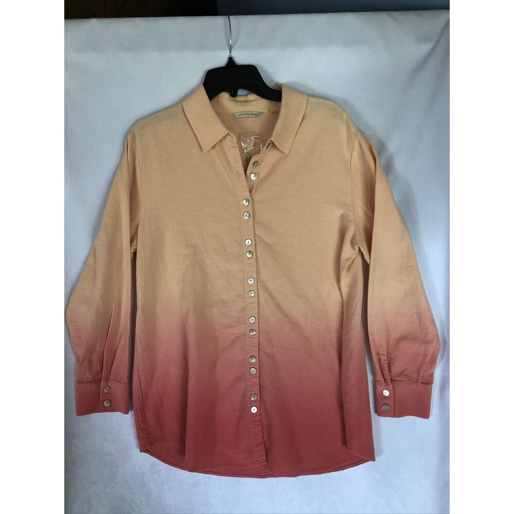 NWT Soft Surroundings Ombre Button-Up Shirt, Peach 2 Pink, Long Sleeve, Size PM